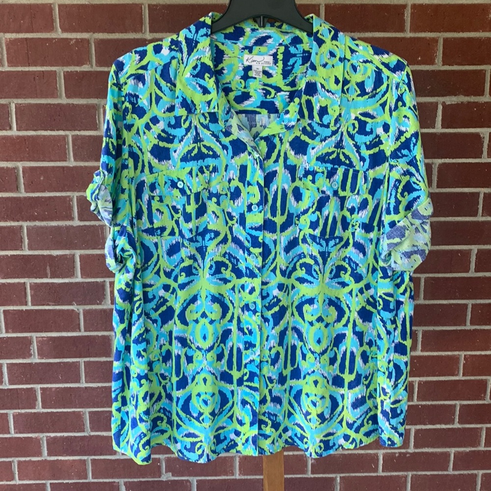 EUC - Kim Rogers Woman - Button Down Shirt with Short Roll Tab Sleeves